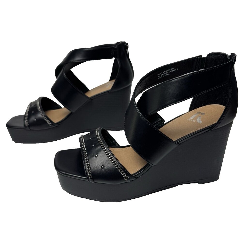 Report Womens Size 9.5 Sandals Wedge Heels Open Toe Sliver Chain Black Snowdrop